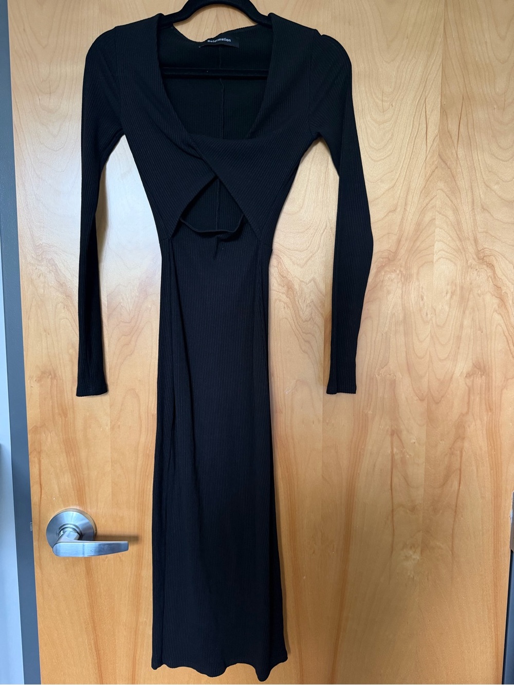 Reformation Black Long Sleeve Rib Knit Cutout Dress